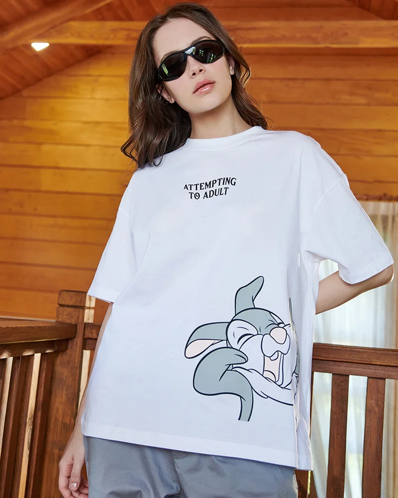 bewakoof Women's White Attempting To Adult Graphic Printed Oversized T-shirt
